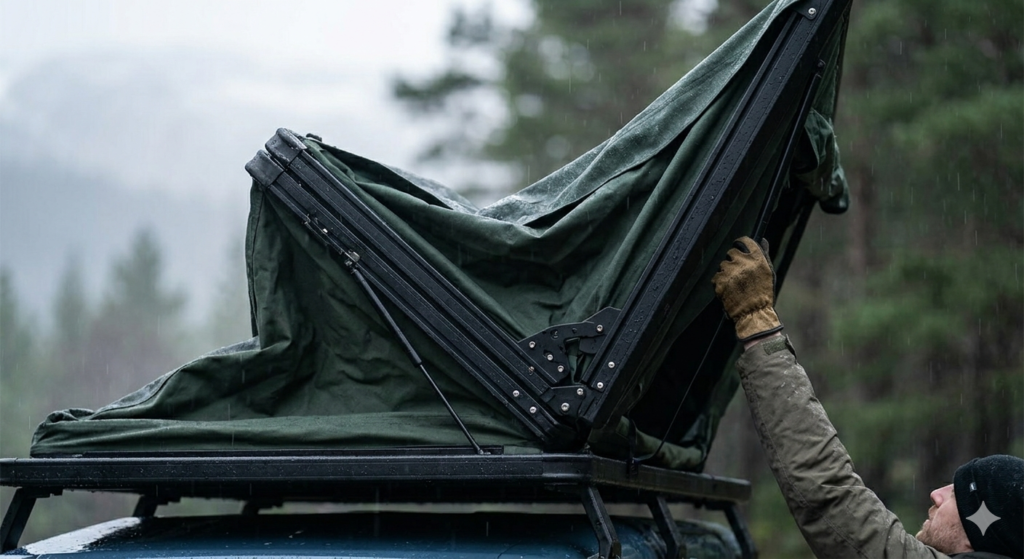 Setting up a TentBox Lite 2.0 fold out roof tent in the rain