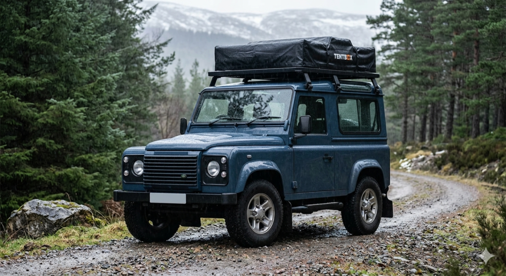 TentBox Lite 2.0 roof tent closed on a Land Rover Defender in a UK forest