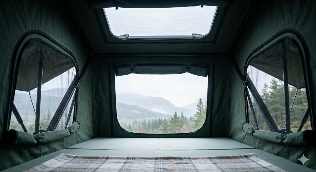 Internal view of TentBox Lite 2.0 showing skyline windows and mattress