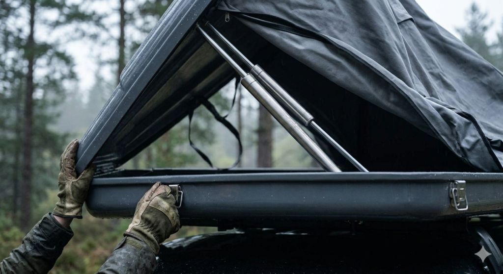 RoofBunk internal gas strut opening mechanism