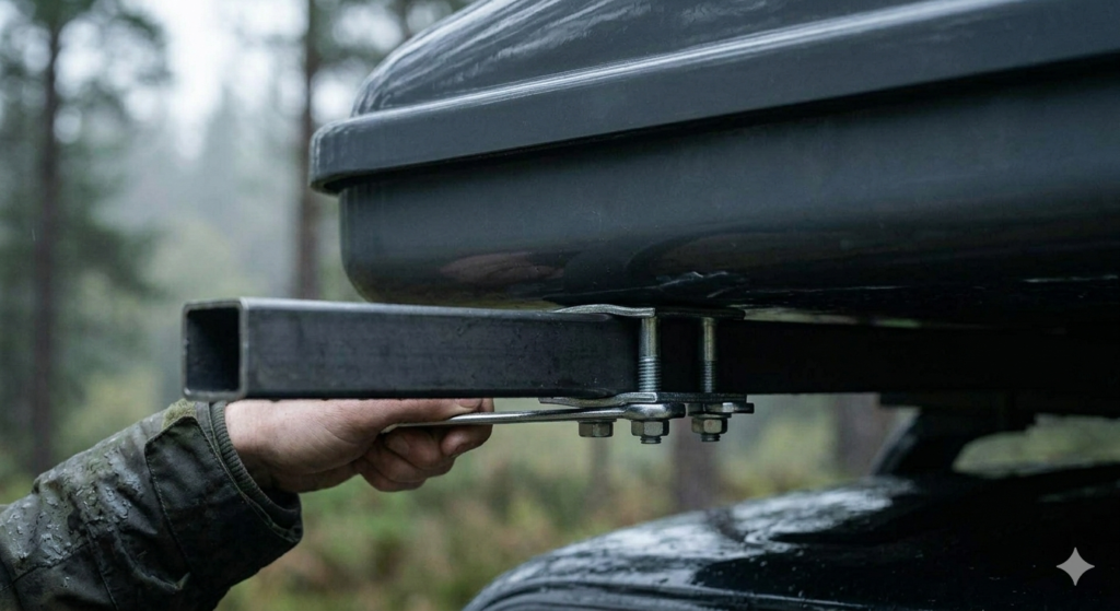 Close up of RoofBunk universal mounting brackets and stainless steel bolts on vehicle roof bars